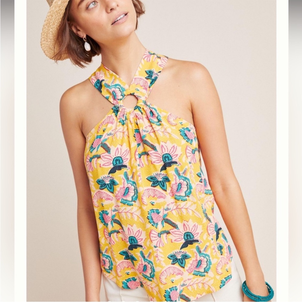 Anthropologie Maeve Mica Sleeveless Blouse 0 mustard floral halter